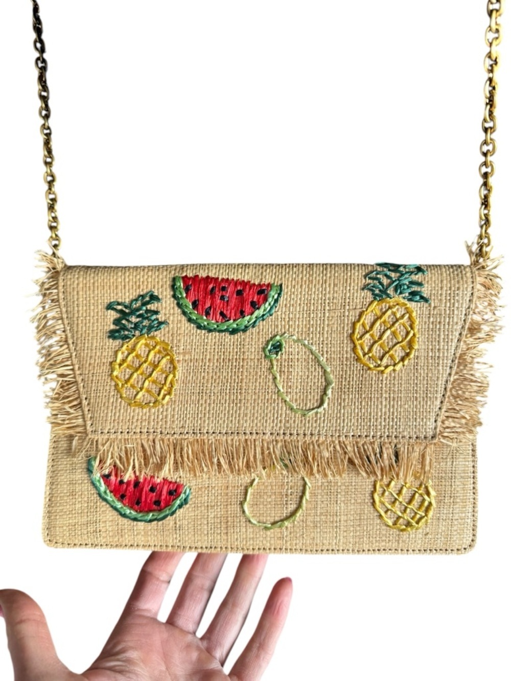 J.Crew Straw Crossbody Fruit Embroidered Bag Raffia Summer Coastal Boho